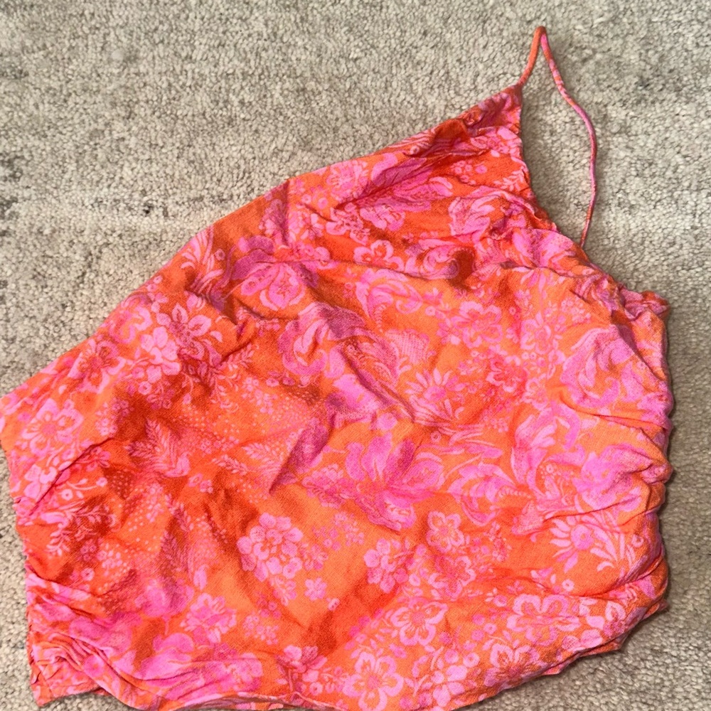 Zara Orange and Pink Floral One Shoulder Top